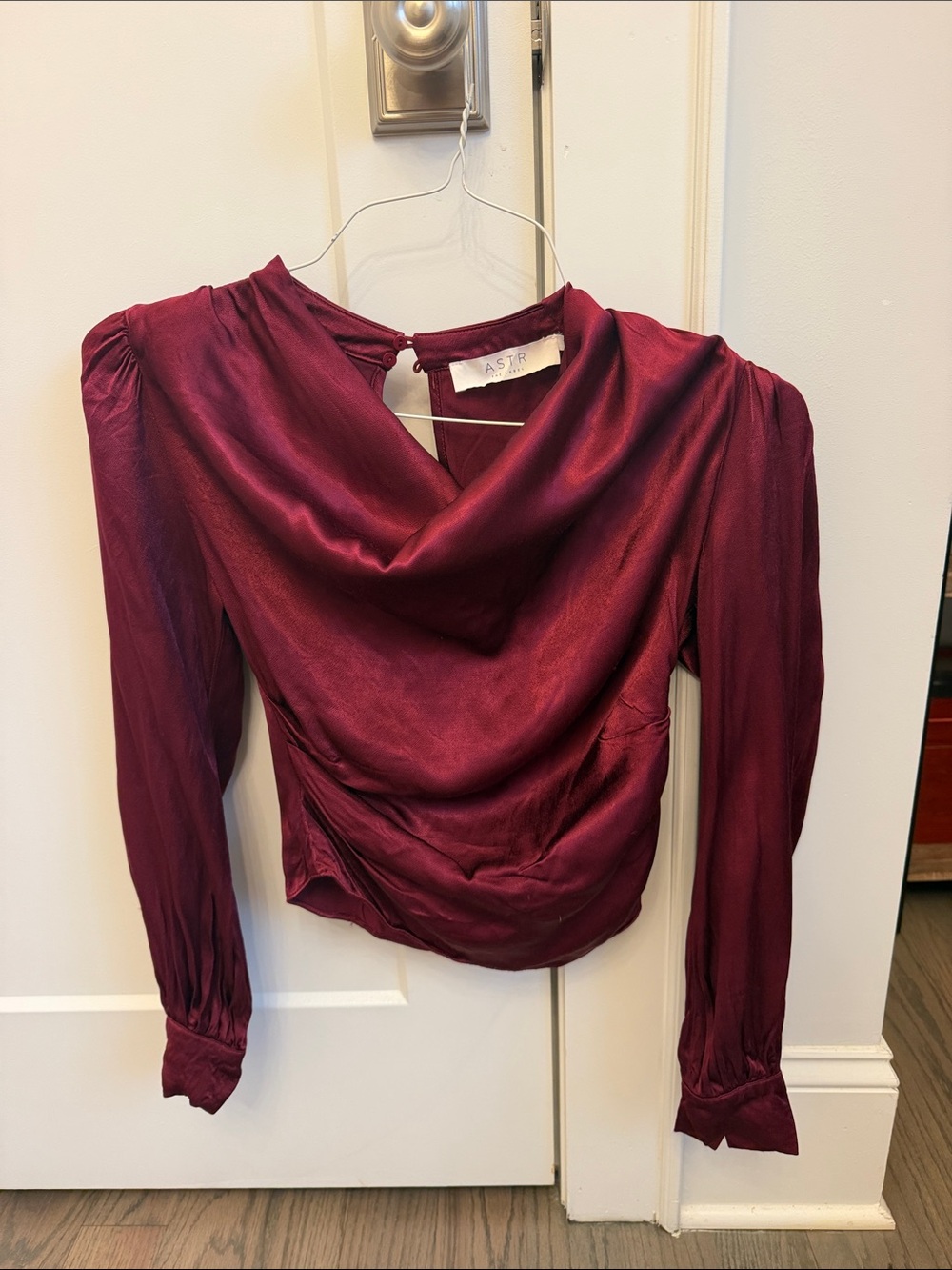 Astr Draped Satin Blouse in Burgundy Wine